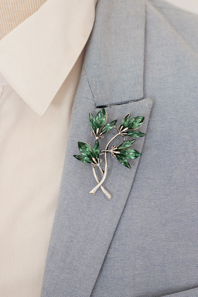Emerald green leaf lapel flower branch pin, rhinestone boutonniere