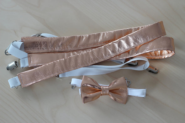Rose Gold leather suspenders or set, mens suspenders rose gold, dusty pink, copper, bow tie, mens, groomsmen, grooms, gift, attire