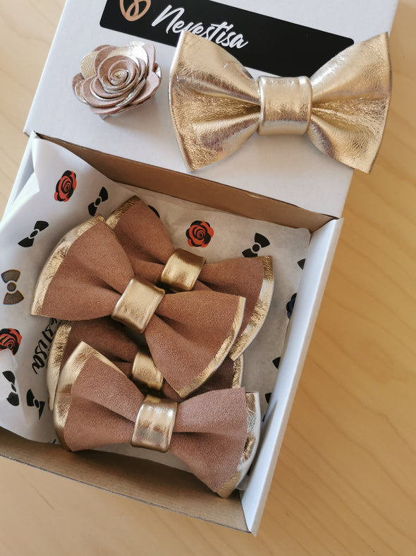 champagne gold and dusty rose pink natural taupe neutral boho wedding bow tie groom groomsmen men set pin flower boutonniere, prom corsage 