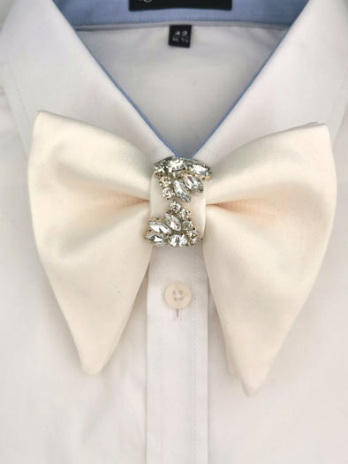 Cream Ivory satin oversized crystal butterfly style bow tie for men