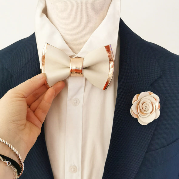 Rose gold and white tuxedo bow tie, pin set