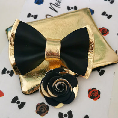 black and gold bow tie for men, boutonniere gold lapel flower pin, pocket sqare set for weddnign, promm, Nevestica