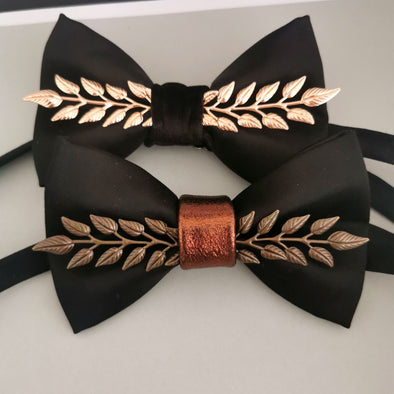 Black satin bronze mens bow tie