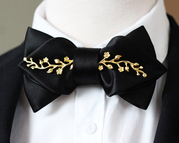 Black satin pointed and Gold branch bow tie with red carnation set