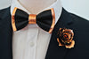 Black and copper bronze leather bow tie set with copper lapel rose flower pin, for men, boys, toddlers, wedding bowtie gift set