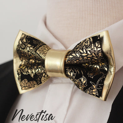 Black and Gold paisley mens bow tie lapel flower set, tuxedo bow tie, black bow tie, wedding bow tie, mens bow tie