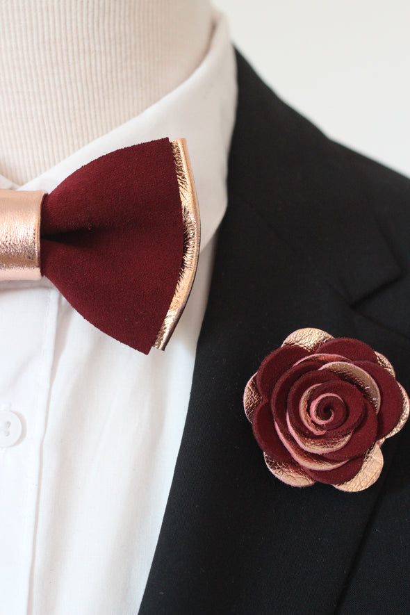 rose gold and burgundy deep maroon red black mens wedding prom formal tuxedo bow tie lapel flower Nevestica  set