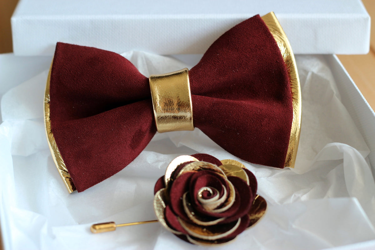 Gold and burgundy tuxedo suit bow tie set