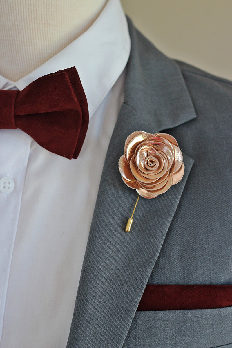 Rose Gold Lapel Flower Pin Boutonniere Rose Gold Genuine Leather Necktie