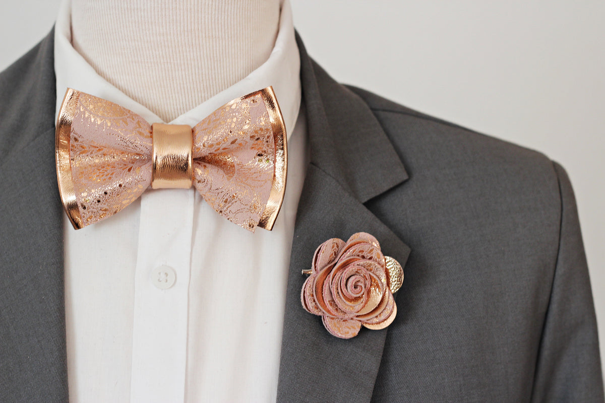 Rose Gold red mauve, dusty rose genuine leather bow tie for men,copper wedding bow tie,rose pink lapel pin, boutonniere, retailer boys groomsme gift