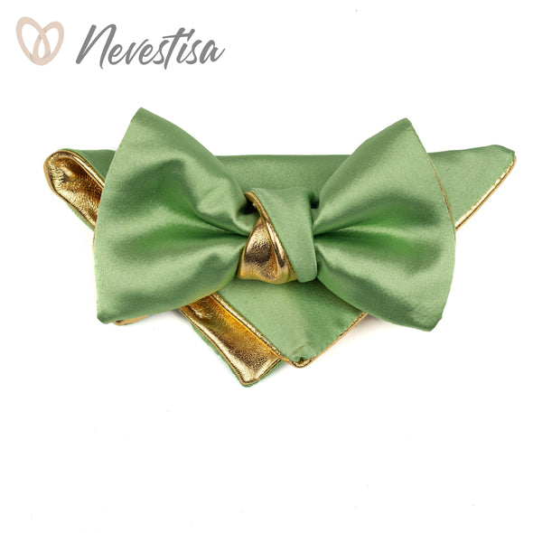 Chartreuse chamomile green satin Gold mens leather bow tie for men, dusty shale wedding bow tie, green formal groomsmen gift sea foam boy
