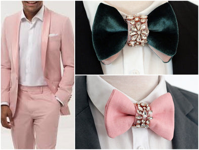 blush pink tuxedo bow tie set for men, green velvet mens bow tie, crystal wedding prom rose gold bow tie linen pink set