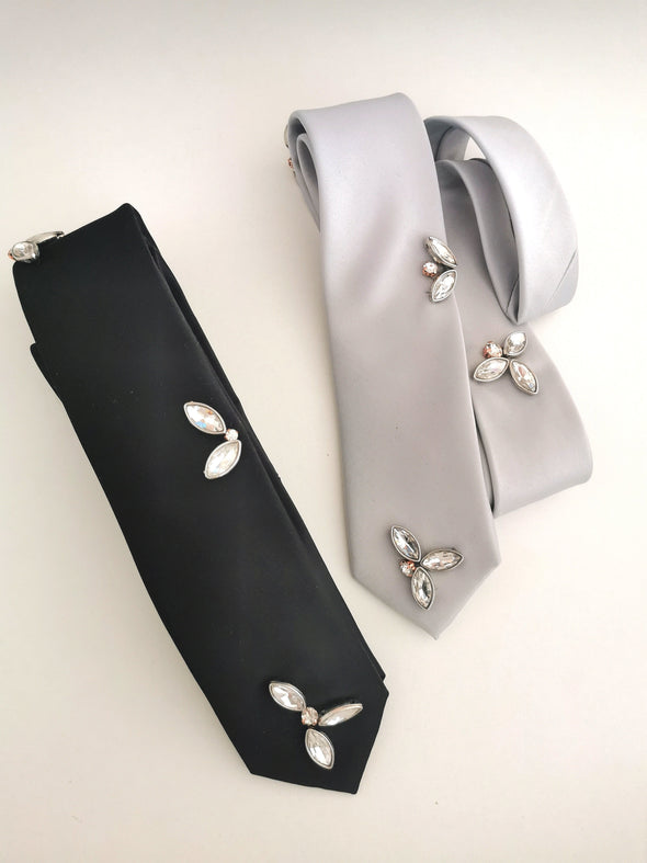 mens neck tie in black and silver with rhinestone flowers