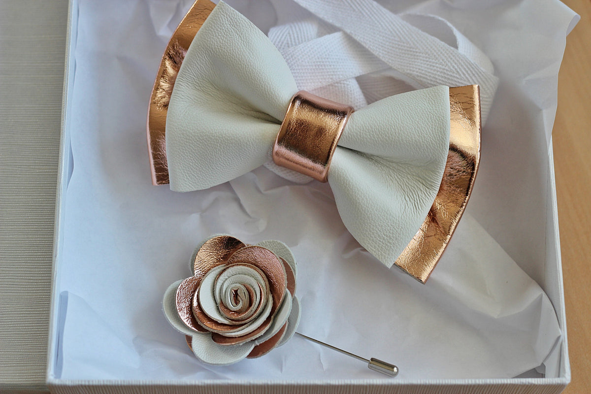 white and rose gold leather bow tie lapel flower set for men, prom, wedding, nevestica
