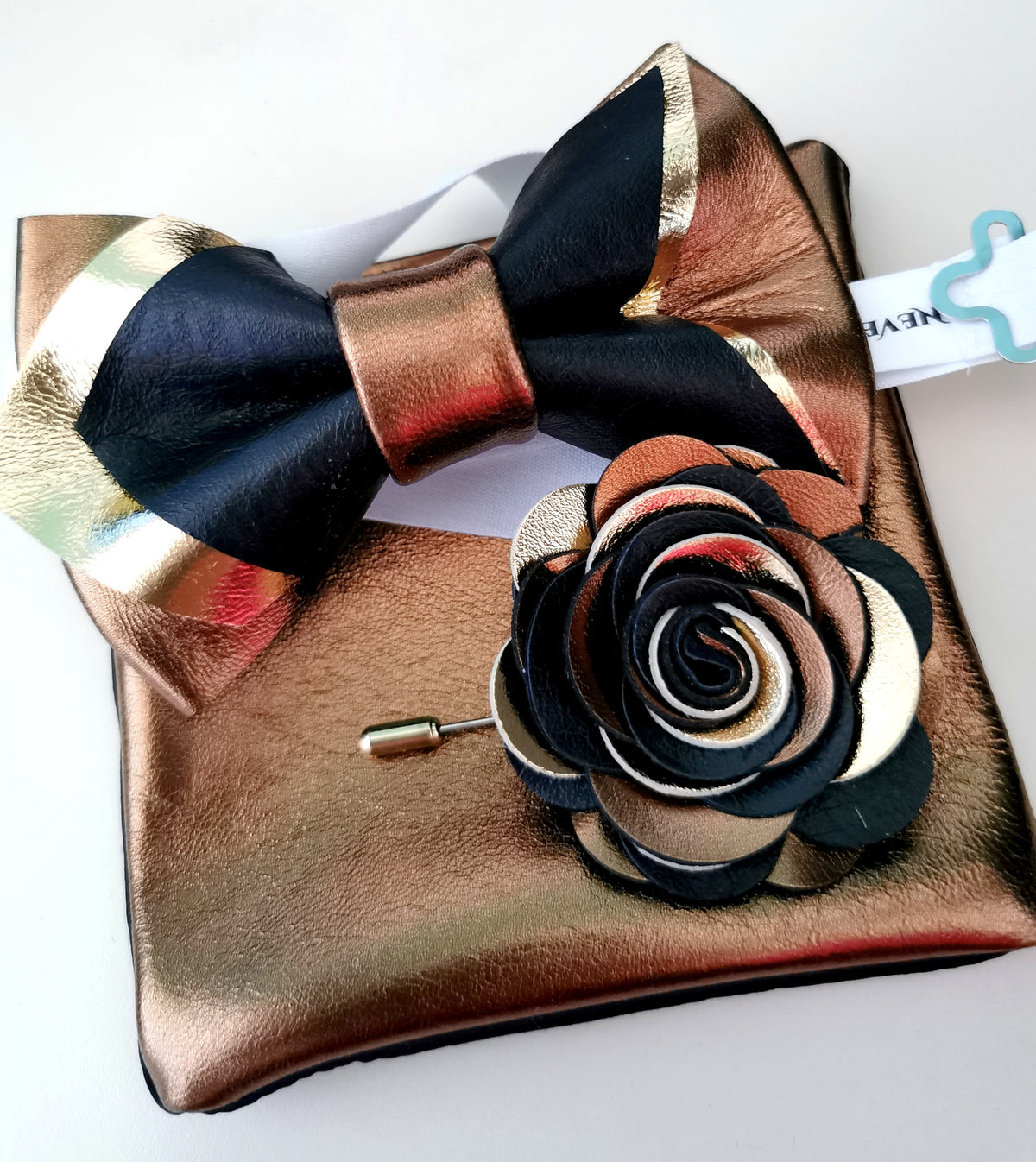 copper metallic bow tie, copper bow tie wedding set, copper black bow tie set, groomsmen bow tie set, copper boutonniere rose flower pin, copper bow tie and square set, boys prom suit bowtie 
