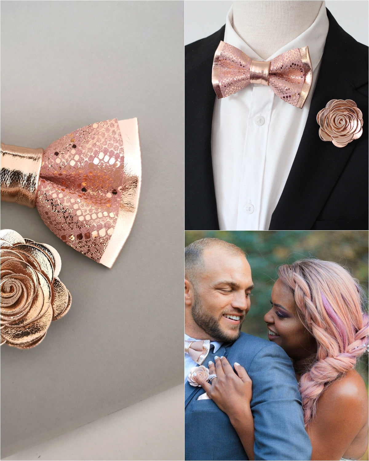 Rose gold metallic bow tie, rose gold mens bow tie, rose gold wedding bow tie, groomsmen rose gold bow tie set, rose gold bow tie and suspender set, boys prom rose gold suit set, rose gold boutonniere