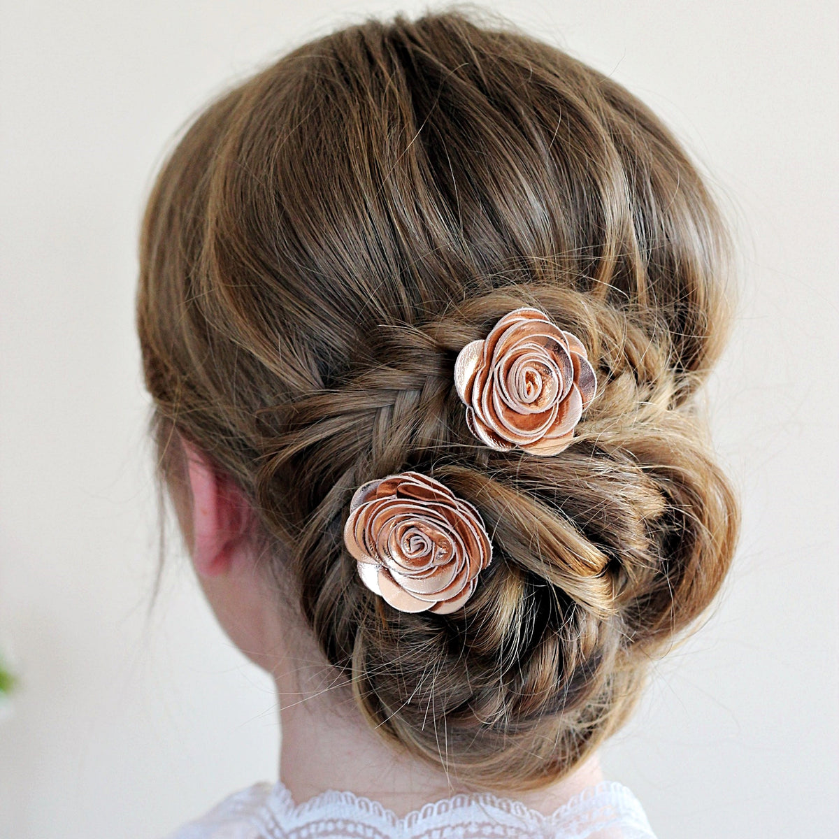 rose gold genuine leather hair rose flower bobby pin for bride, bridesmaids, copper wedding gift set