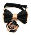 black and rose gold bow tie boutonniere set, rose gold wedding bow tie, black suit bow tie set, prom metallic bow tie