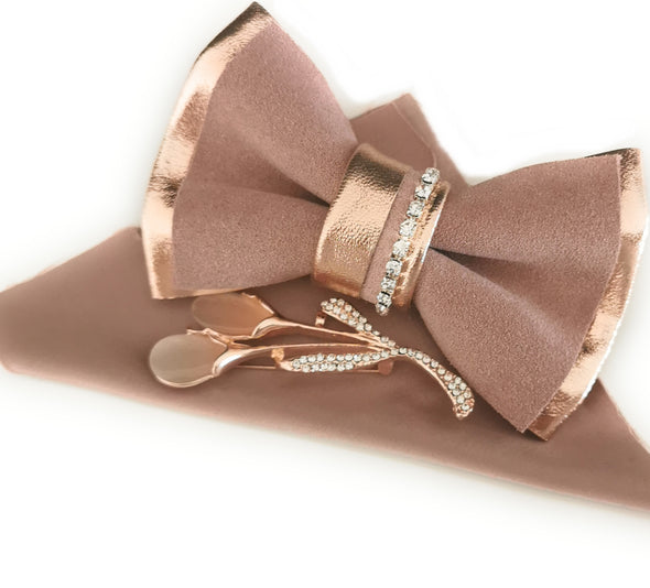 Dusty blush pink mens crstal style bow tie set, gift for men, lapel flower pin in rose gold, pocket square dusty pink matching, wedding groomsmen set, groom bow tie set