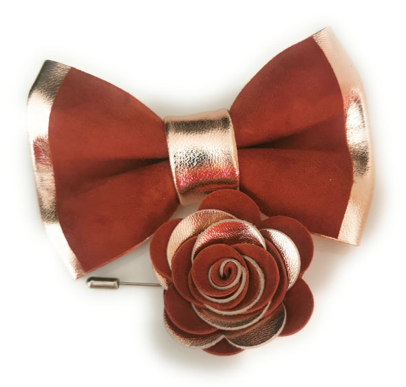 copper and terracota suede mens formal bow tie, boys prom suit, bow tie and boutonniere set