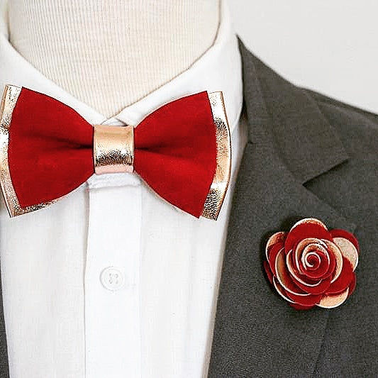 Elegant Red suede and rose gold formal mens bow tie boutnniere set