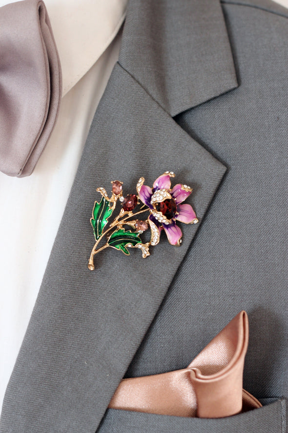 Flower brooch rhinestone boutonniere, violet pink lapel rose flower pin