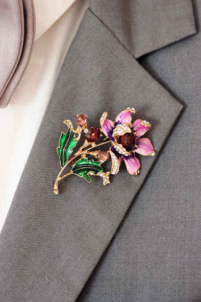 Flower brooch rhinestone boutonniere, violet pink lapel rose flower pin