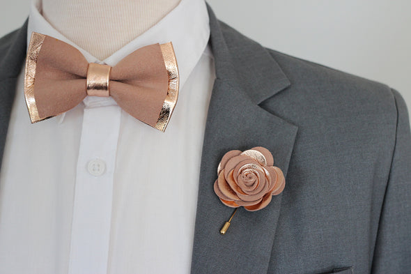 rose gold blush nude dusty pink lapel flower and bow tie mens wedding set, gromsmen rose gold gift, suspenders, pocket sqare