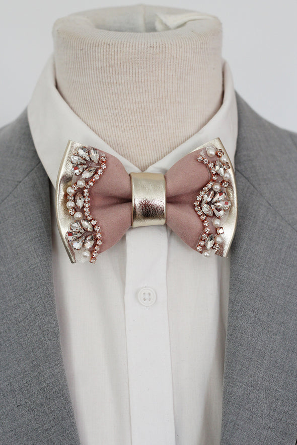 Champagne Rose gold nude crystals copper Dusty blush pink mens crstal style bow tie set, gift for men, lapel flower pin in rose gold, pocket square dusty pink matching, wedding groomsmen set, groom bow tie set