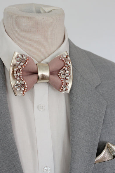 Champagne Rose gold crystals copper Dusty blush pink mens crstal style bow tie set, gift for men, lapel flower pin in rose gold, pocket square dusty pink matching, wedding groomsmen set, groom bow tie set