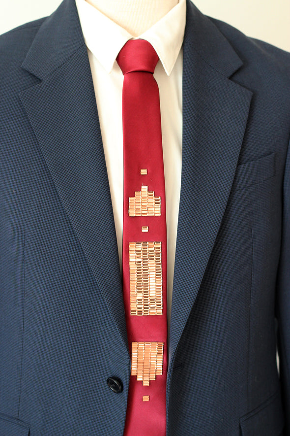 Burgundy satin tie, necktie with geometric rose gold rhinestones pattern