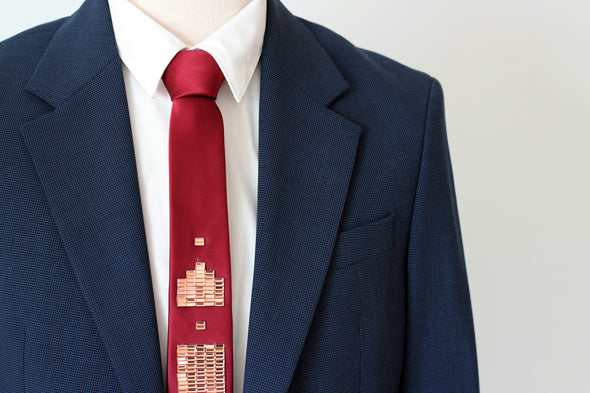 Burgundy satin tie, necktie with geometric rose gold rhinestones pattern