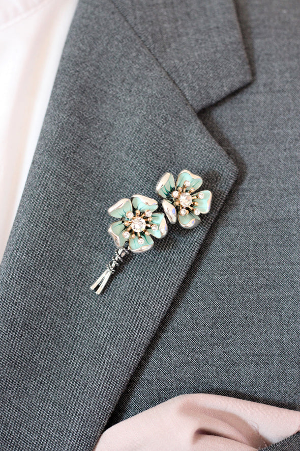 Sage emerald green lapel flower pin, wedding rhinestone boutonniere