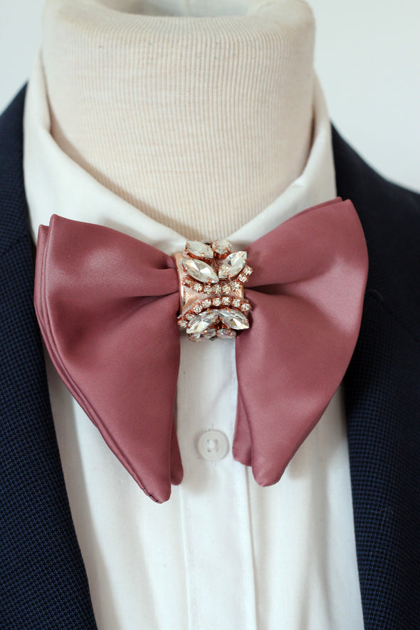 Rose dusty pink satin oversized butterfly big formal tuxedo men bow tie set