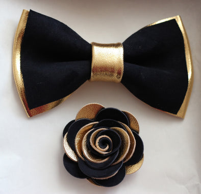 Gold and navy leather bow tie set