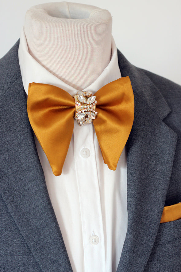 Mustard yellow satin oversized bow tie set with crystals, rust brown, copper, gold, wedding, prom, tuxedo, 