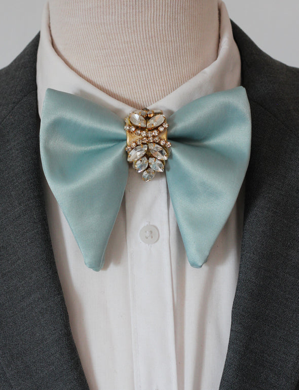 Baby blue satin oversized tuxedo bow tie set with gold