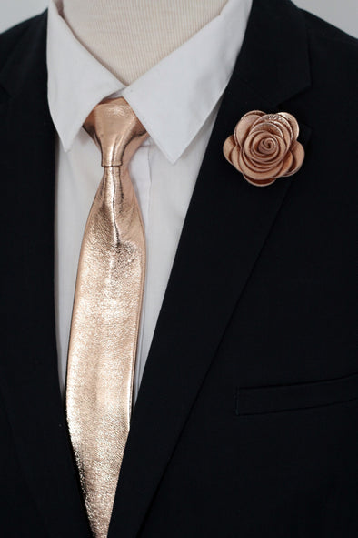 rose gold metallic neck tie for men, copper necktie, mens rose gold wedding necktie, leather necktie