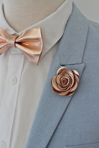 Rose gold lapel flower pin, boutonniere, rose gold genuine leather necktie
