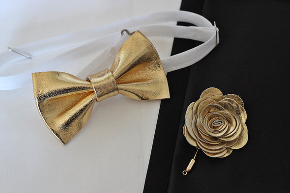 gold leather boutonniere flower wedding lapel pin set
