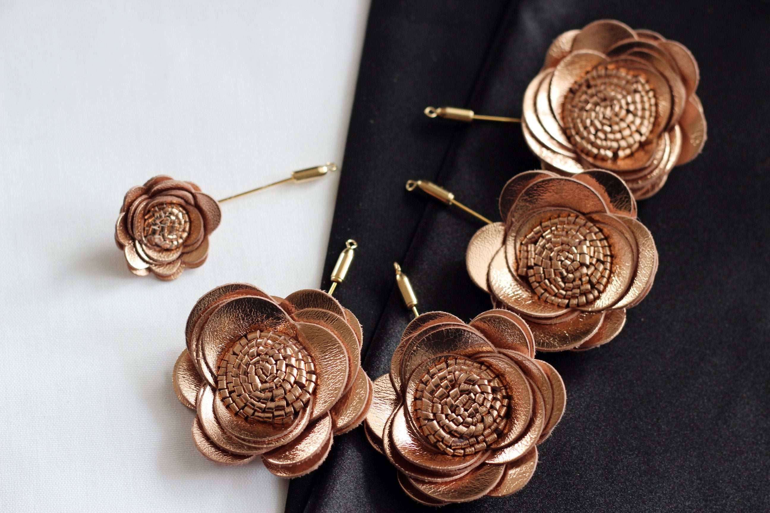 Rose gold lapel flower pin, boutonniere, rose gold genuine leather necktie  - Nevestica shop