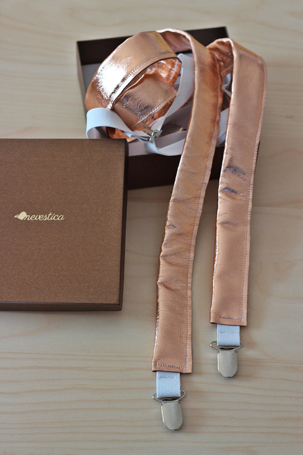 rose gold bow tie and suspenders set, white and rose gold leather bow tie and boutonniere set by nevstica