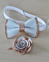 white and rose gold leather bow tie and boutonniere set by nevstica