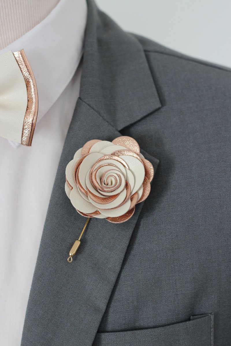 Rose gold and ivory mens suit boutonniere, lapel rose pin