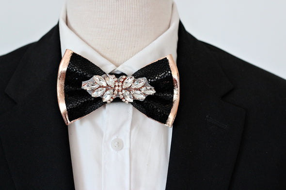 Leather Black and rose Gold mens satin bow tie with rhinestones