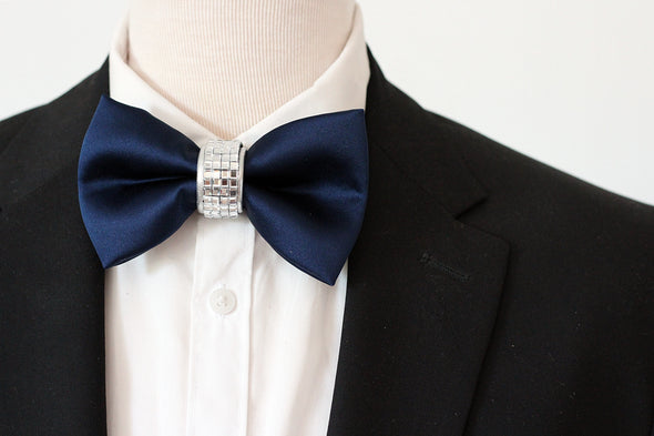 Navy Blue satin formal bow tie with silver rhinestones