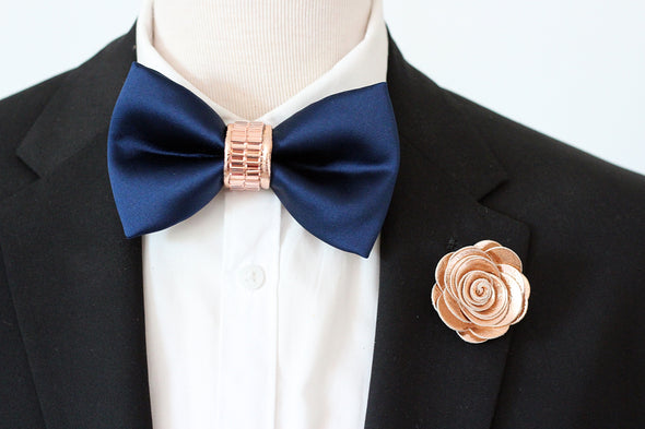 Blue satin and rose gold rhinestone mens formal bow tie