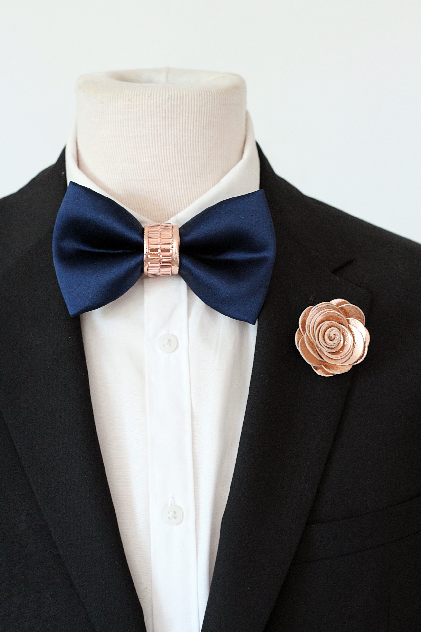 Blue satin and rose gold rhinestone mens formal bow tie Blue satin and rose gold rhinestone mens formal bow tie