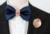 Blue satin and rose gold rhinestone mens formal bow tie