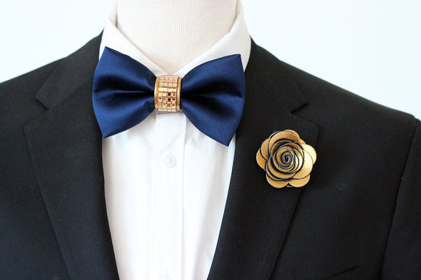 Blue satin and copper rhinestone mens formal bow tie